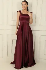 Askılı Taş Detaylı Kare Yaka Astarlı Uzun Saten Elbise