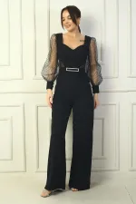 Combinaison palazzo pour femme avec décolleté en cœur, ceinture à la taille, manches en tulle et paillettes carrées