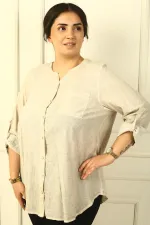 Buttoned Front, Sequin Detailed, Double Pocket, Folded Sleeve, Washed Linen Plus Size Shirt