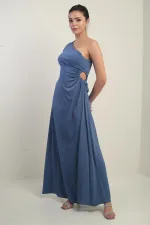 Kadın Tek Omuz Yan Pencere Detaylı Uzun Krep Saten Elbise