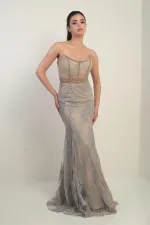 Women's Beaded and Stone Detailed Lined Underwired Long Dress with Transparent Top