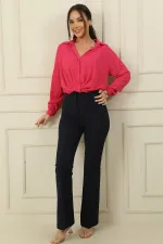 Yüksek Bel Cepli En Boy Likra İspanyol Paça  Pantolon