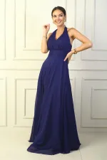 Kadın Boyundan Bağlamalı Taş Baskılı Astarlı Uzun Tül Elbise