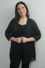 Veste en mousseline à manches mi-longues pour femme, chemisier en lycra sans manches, détails perlés, ensemble 2 pièces grande taille