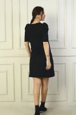 Kadın Yaka Detaylı Kısa Karpuz Kollu Kısa Elbise