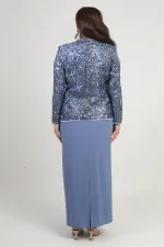 Ensemble 2 pièces pour femme, comprenant une veste en tulle ornée de sequins et de perles, une robe longue à manches demi-lune en crêpe doublée et un pantalon grande taille.