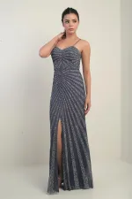 Women's Strappy Flocked Stone Print Lined Tulle Long Dress