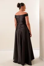 Robe longue en satin grande taille avec col et ceinture, doublée et fendue