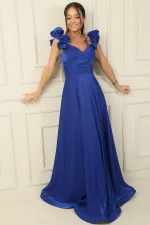 Düşük Volan Kol Drapeli Astarlı Simli Uzun Elbise