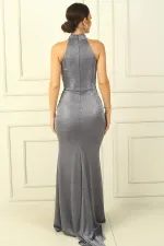 Women's Neck Front Pleated Glittery Lined Dress