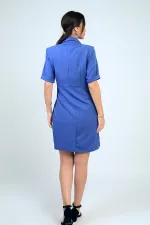Women's Shawl Collar Short Crepe Dress with Buckle Detail and Padded Shoulders