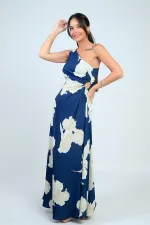 Women's One-Shoulder Side-Cut Out Large Leaf Pattern Long Crepe Satin Dress