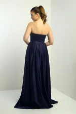 Kadın Straplez Astarlı Önü Balen Biyeli Cepli Kloş Uzun Saten Abiye Elbise