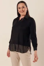 Şifon Detaylı Gömlek Yaka Rahat Kesim Büyük Beden Bluz