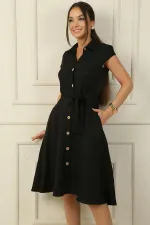 Button-front, belted, pocketed linen-effect dress.