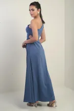 Kadın Tek Omuz Yan Pencere Detaylı Uzun Krep Saten Elbise