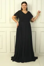 Women's Front Back V Neck Draped Beaded Embroidered Lined Plus Size Long Chiffon Dress