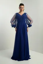 Front and back V-neck, draped front, tulle sleeves, lined, wide-length chiffon dress.