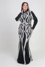 Women's High Neck Sequin Embellished Lined Plus Size Long Dress