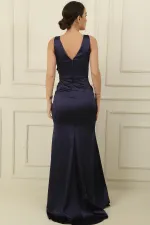 Kadın Önü Drapeli Volanlı Astarlı Uzun Saten Elbise