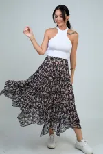 Kadın Beli Lastikli Astarlı Mini Çiçekli Midi Kraşlı Üçgen  Etek