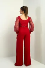 Women's Sweetheart Neckline Long Tulle Sleeved Belted Palazzo Crepe Jumpsuit