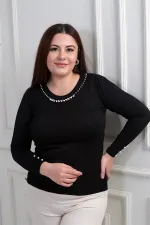 Chemisier en maille à froid grande taille pour femme, orné de perles aux manches et au col.