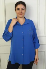 Kadın Kol Katlamalı Taş Detaylı Krep Saten Büyük Beden Gömlek