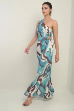 Women's One-Shoulder Side-Cut Abstract Pattern Long Crepe Satin Dress