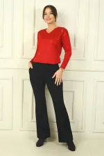 Kadın Beli Lastikli Yandan Cepli İspanyol Paça Çımalı Çelik Pantolon