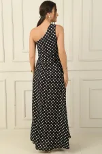 Women's One-Shoulder Polka Dot Long Crepe Satin Dress with Side Cutouts