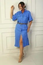 Linen Effect Long Dress with Button Front, Waist Belt, Double Pockets