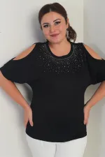 Kadın Yakası Taşlı Omuz Dekolteli Kısa Yarasa Kol Likralı Büyük Beden Bluz