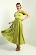 Kadın İp Askılı Düşük Kollu Astarlı Pileli Saten Kloş Uzun Elbise