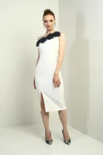 Women's One-Shoulder Crepe Midi Dress with Floral Detail and Front Slit