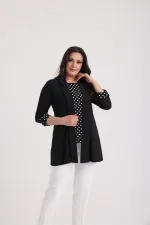 Sleeveless Polka Dot Blouse, Shawl Collar, Lycra Jacket, Plus Size Sandy 2-Piece Set