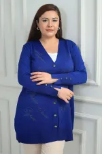 Kadın Kolları Düğme Detaylı Taş Baskı Yazılı Büyük Beden Uzun Hırka