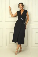 Women's Wrap Neck, Lined, Button-Front Crepe Dress with Stone Embellishments and Belt