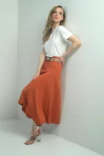 Kadın Beli Kemerli Arkası Fermuarlı Önü Yırtmaçlı Uzun Salaş Etek