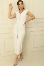 V-Neck Double Sleeve Dress with Rhinestone Embellishment and Slit