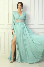 Robe de soirée longue en mousseline de soie avec col en V et taille brodée pour femme