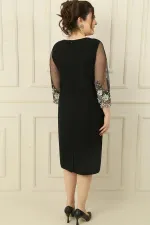 Plus Size Lined Dress with Tulle, Bead and Flower Embroidered Sleeves