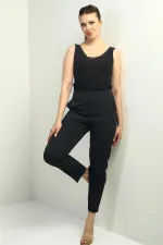 Kadın Beli Lastikli Cepli Boyuna Çizgili Dar Paça Pantolon