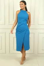 Women's Halter Neck Long Crepe Dress with Dart Detail