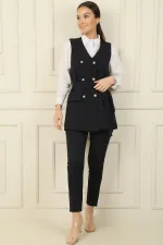 6-Button Vest with Faux Pockets and Belt, Elastic Waist Slim-Fit Trousers - 2-Piece Set