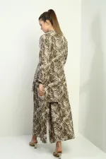 Women's Side Slit Tunic Shirt, Elastic Waist Pocketed Palazzo Pants, Leaf Pattern Oversize 2-Piece Set