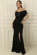 İnce Boncuk Askılı Yakası Saten Çapraz Astarlı Yırtmaçlı Krep Uzun Elbise