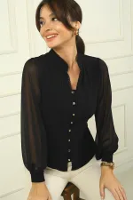 Chemise boutonnée pour femme, manches en tulle et col mandarin