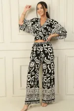 Front and Back V-Neck Crop Top, Elastic Waistband, Pocketed Palazzo Pants, Heart Patterned 2-Piece Set