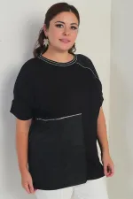 Kadın Deri Garnili Sim Detaylı Likralı Büyük Beden Bluz